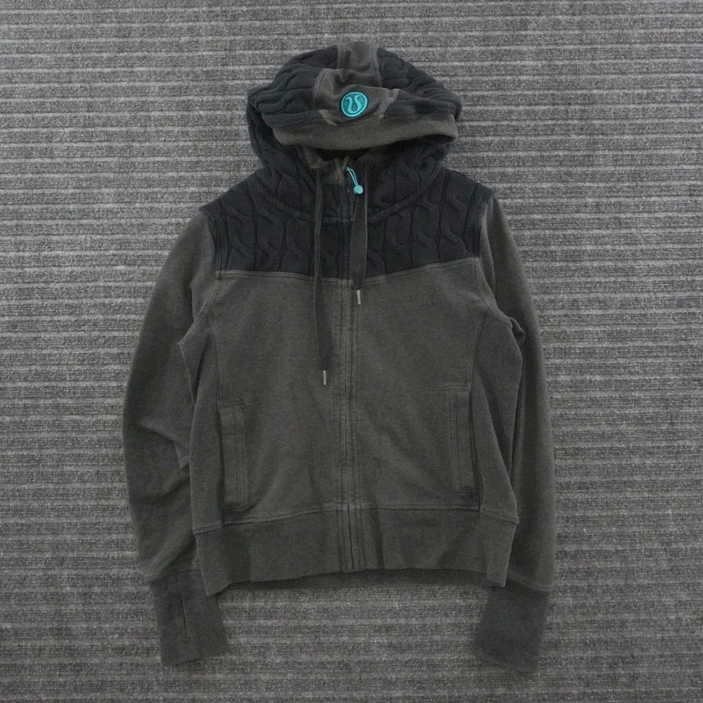 Lululemon Scuba Hoodie Women 12 Gray Cable Knit Mixed Media Full Zip Thumbholes